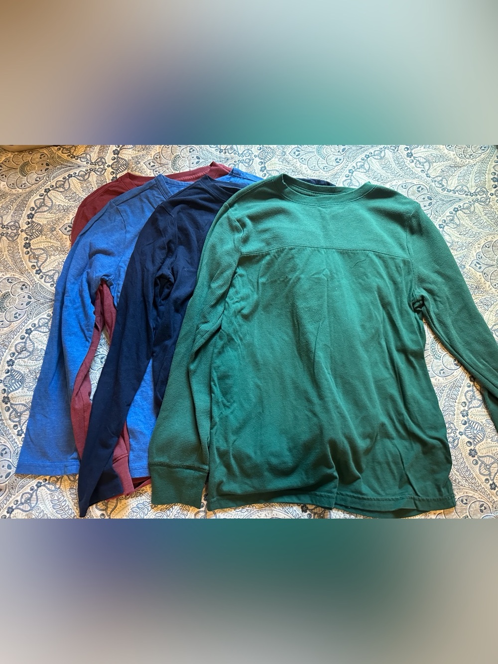 LOT OF 4 Long Sleeve solid color Crew Neck Tees - Burgundy, Blue, Navy and green